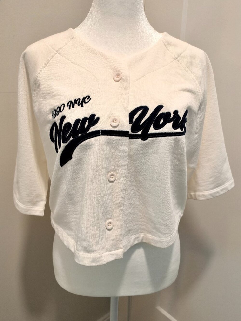 Zara White Cropped New York Baseball Jersey Cardigan - Size S